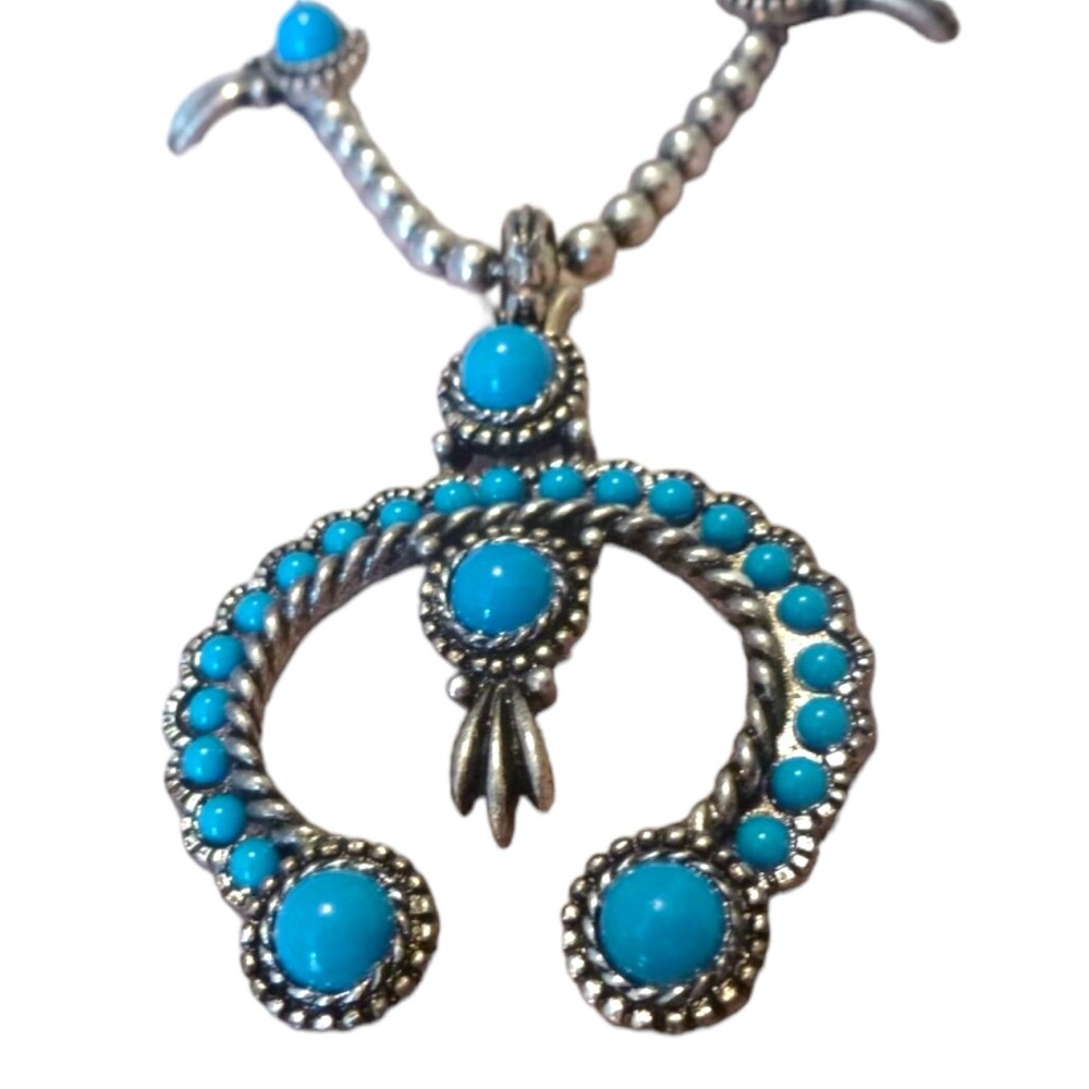 Vintage Squash Blossom Necklace Faux Turquoise Silver Tone Festival Southwest